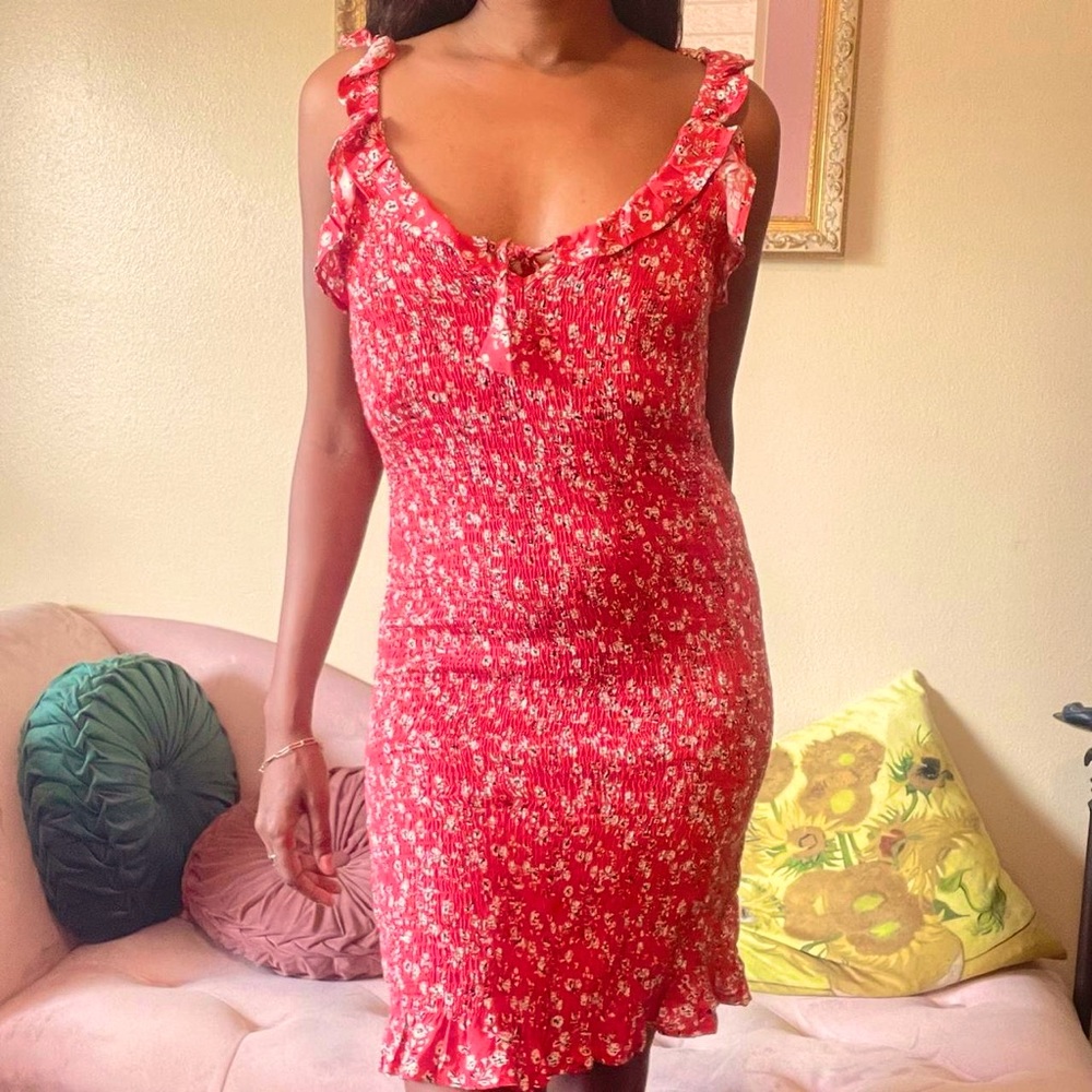 Red Floral Smocked Mini Dress